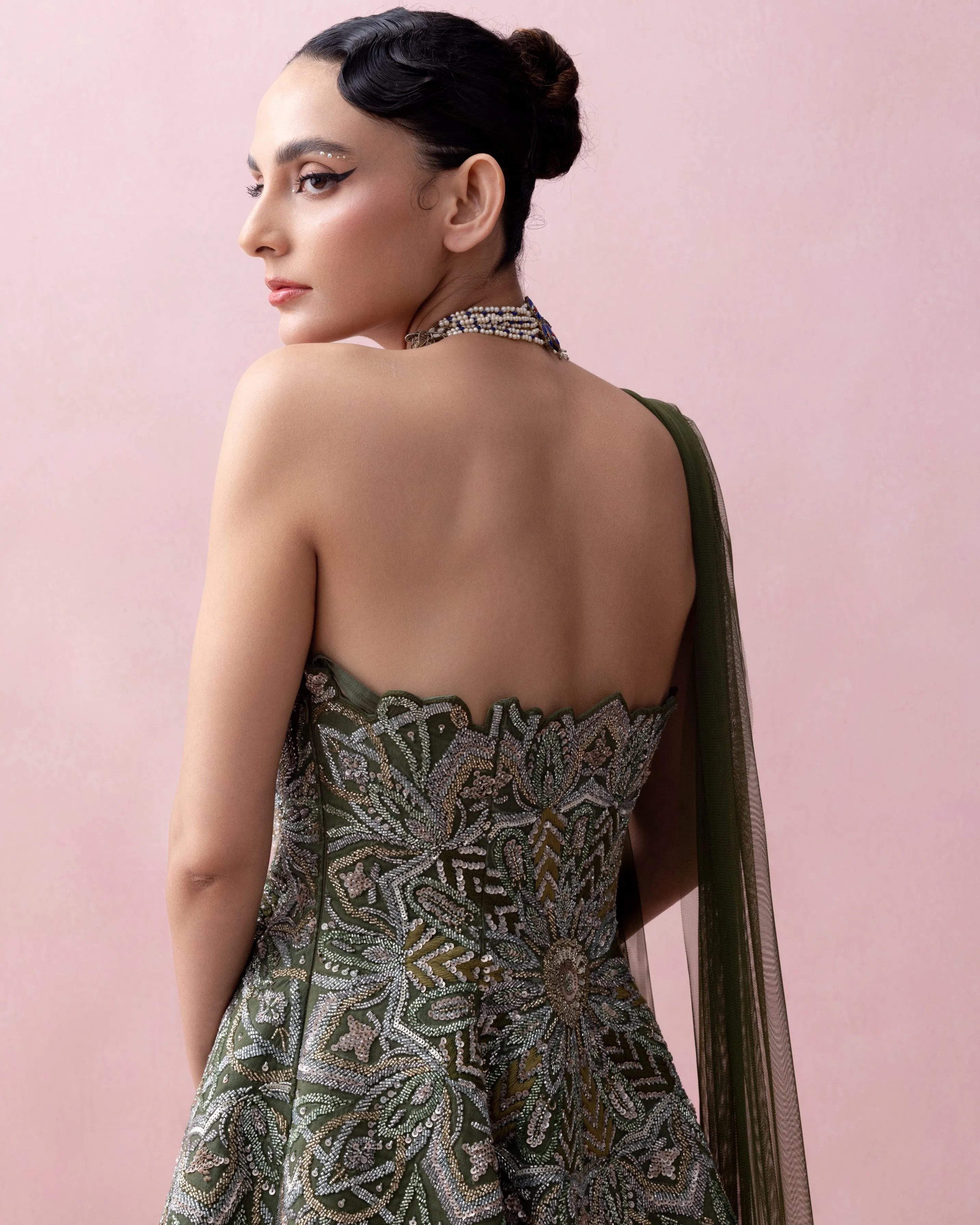 Forest Green Threadwork Peplum with Tulle Sharara and Smocked Stole