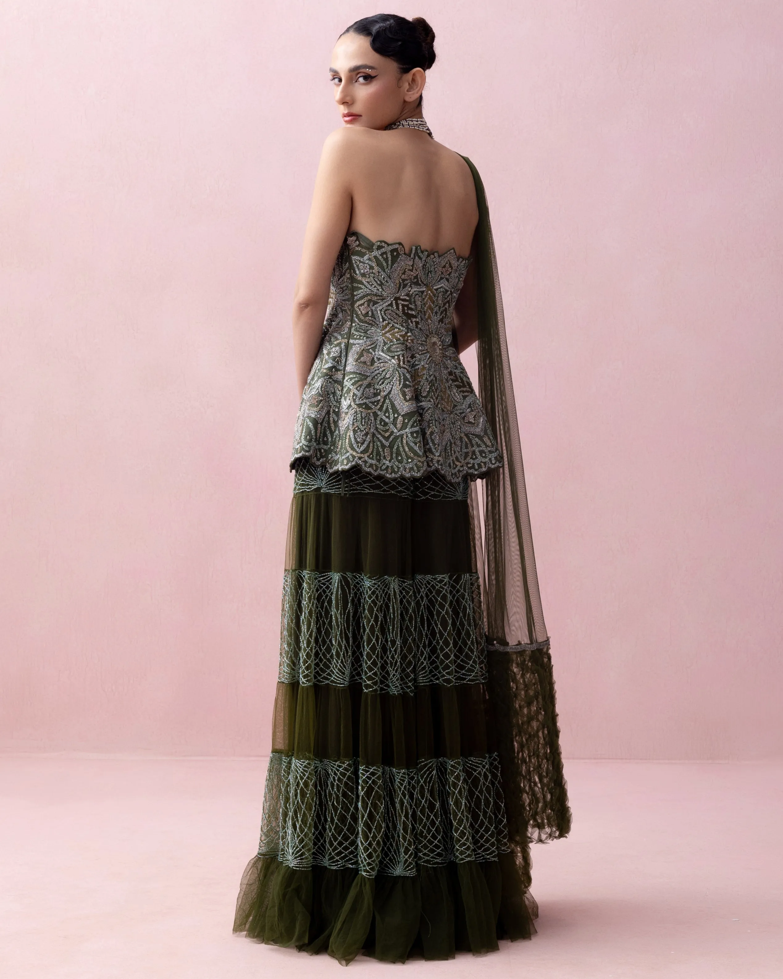 Forest Green Threadwork Peplum with Tulle Sharara and Smocked Stole