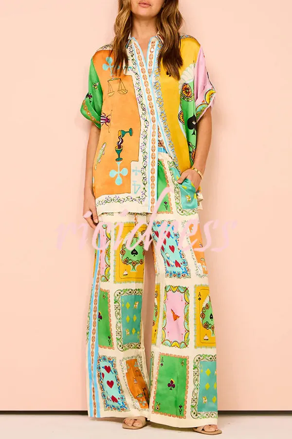 Funny Poker Summer Satin Unique Print Button Down Oversized Blouse