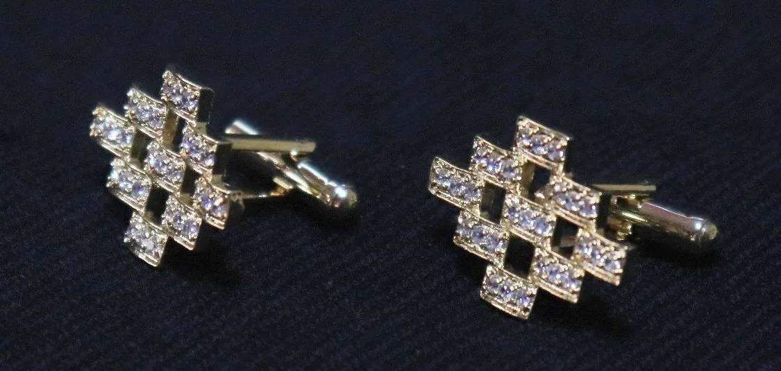 Golden Crystal Studded Mesh Metallic Cufflinks