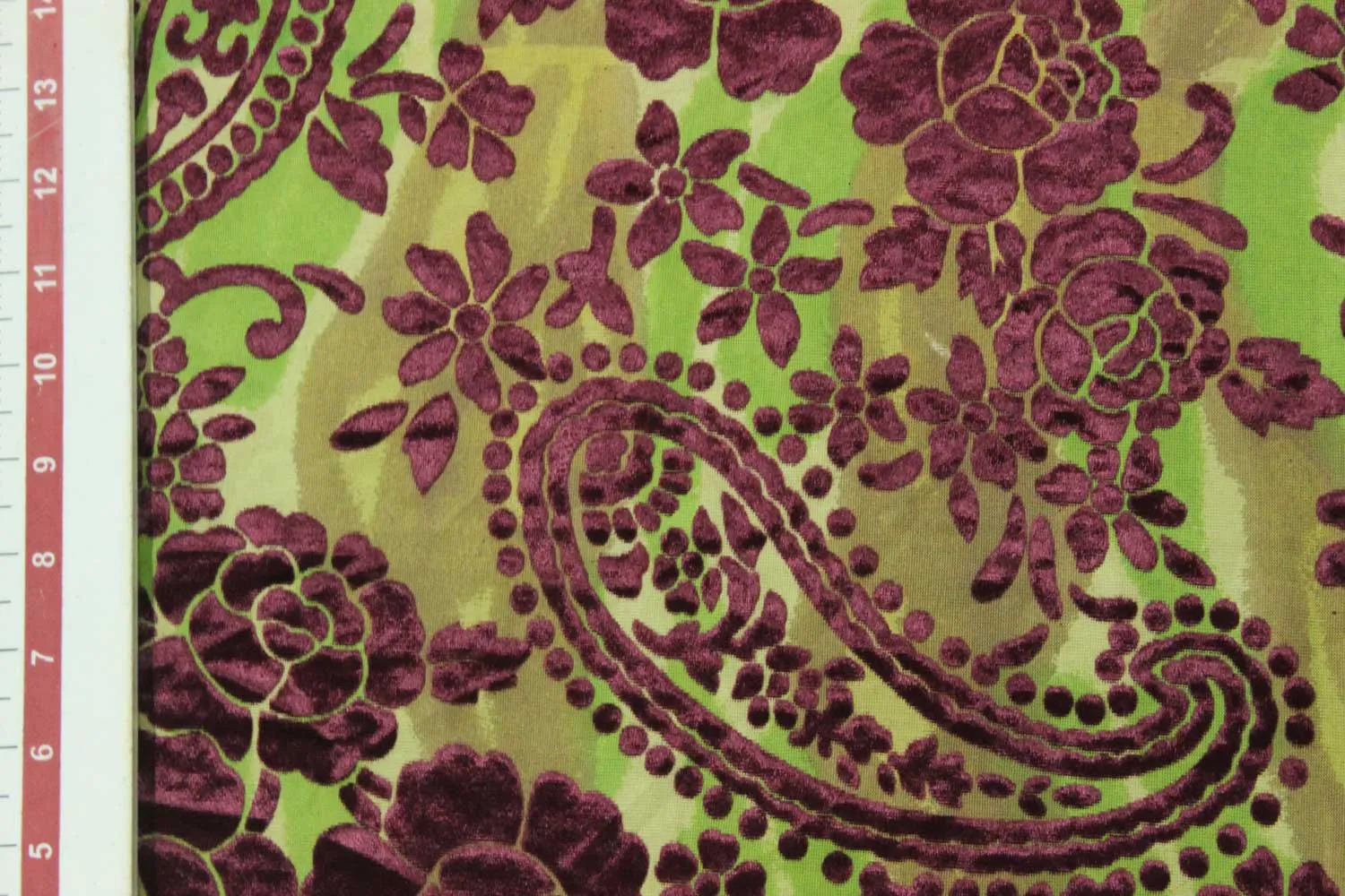 Green & Magenta Paisley Burnout Polyester Viscose Blend Fabric