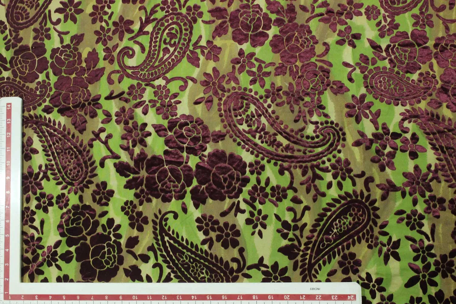 Green & Magenta Paisley Burnout Polyester Viscose Blend Fabric