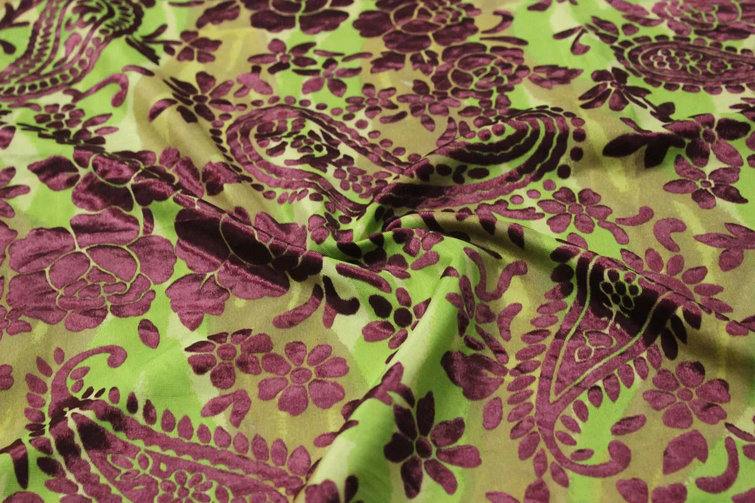 Green & Magenta Paisley Burnout Polyester Viscose Blend Fabric