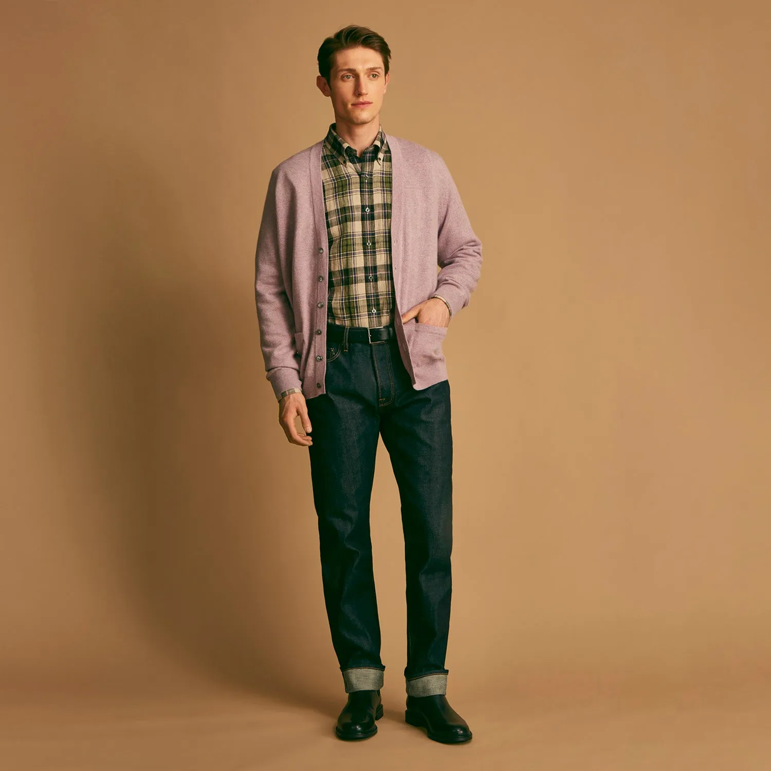 Green & Purple Check Weekend Fit Linen Shirt with Dorset Collar and 1 Button Cuffs