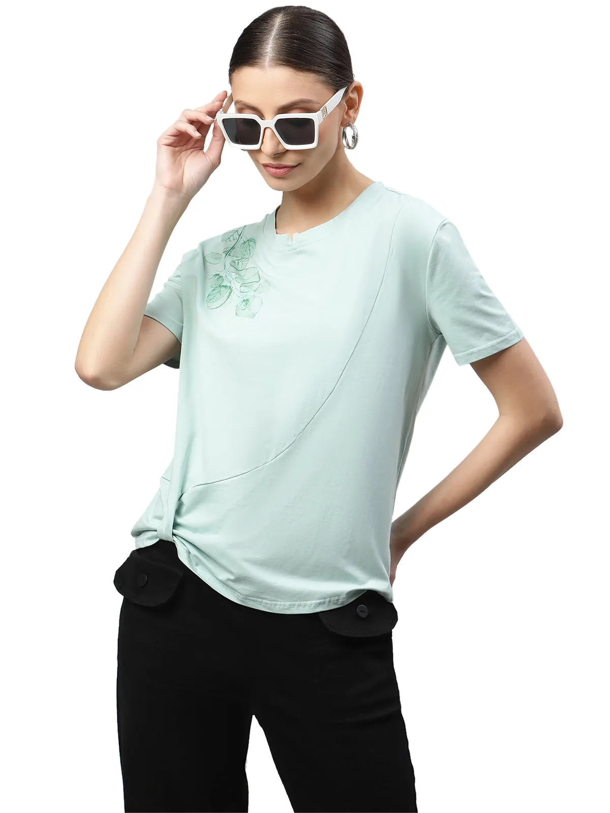 Green Cotton Regular Fit Top For Women