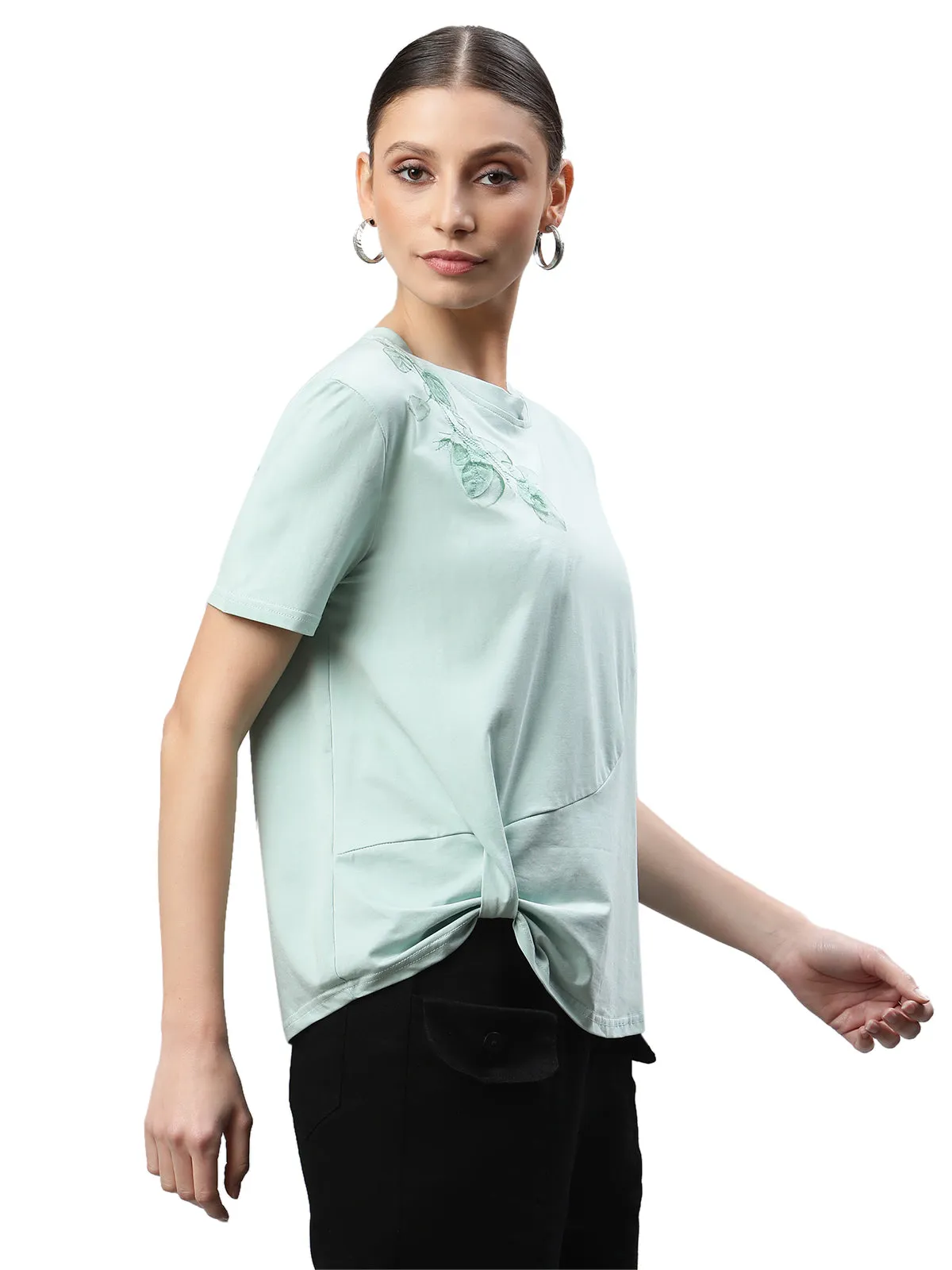 Green Cotton Regular Fit Top For Women