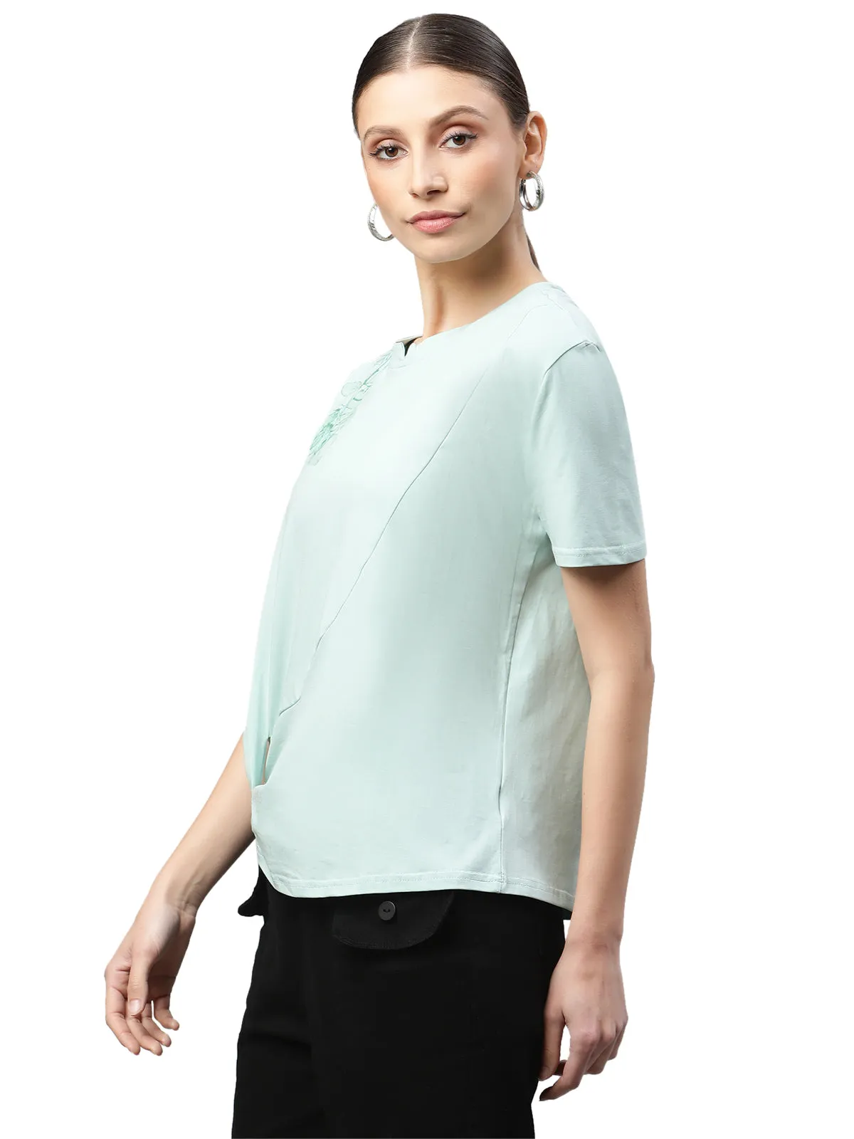 Green Cotton Regular Fit Top For Women