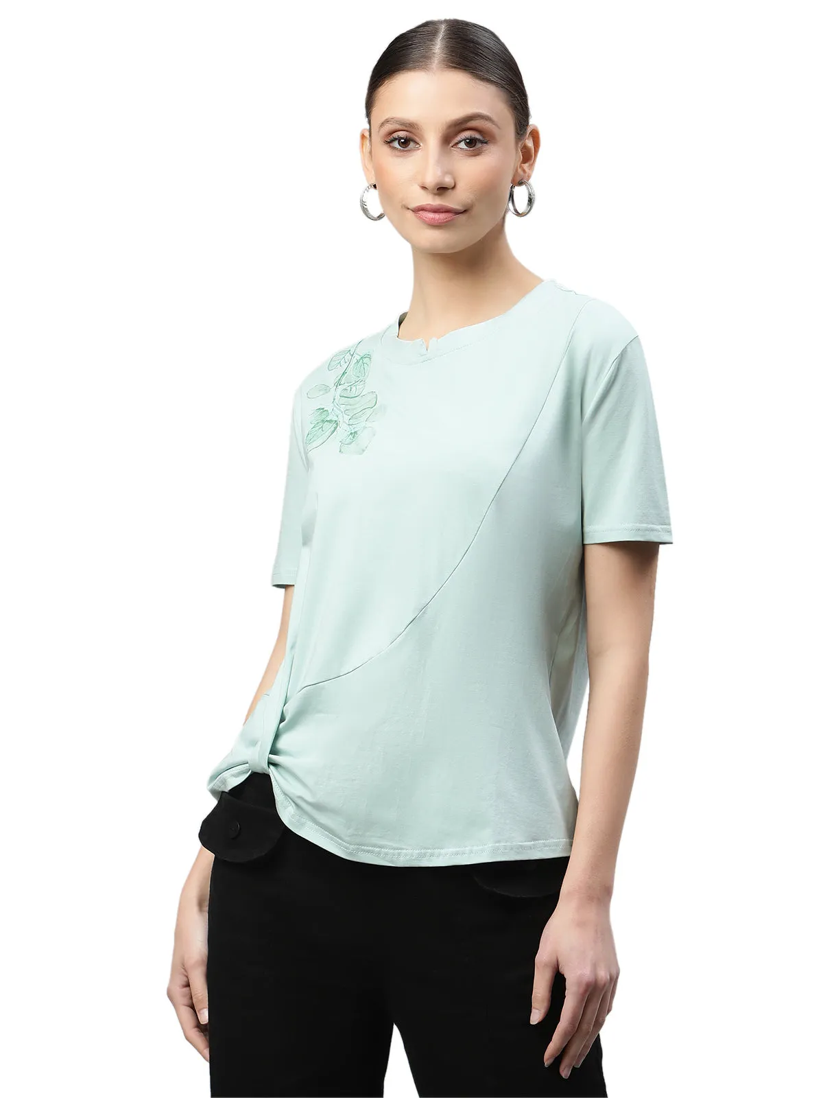 Green Cotton Regular Fit Top For Women