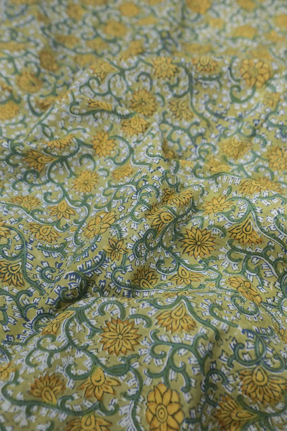 Green with Yellow Floral Sanganeri Cotton Fabric