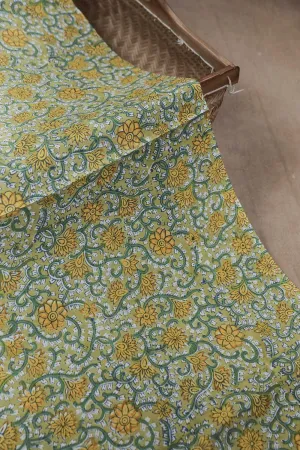 Green with Yellow Floral Sanganeri Cotton Fabric