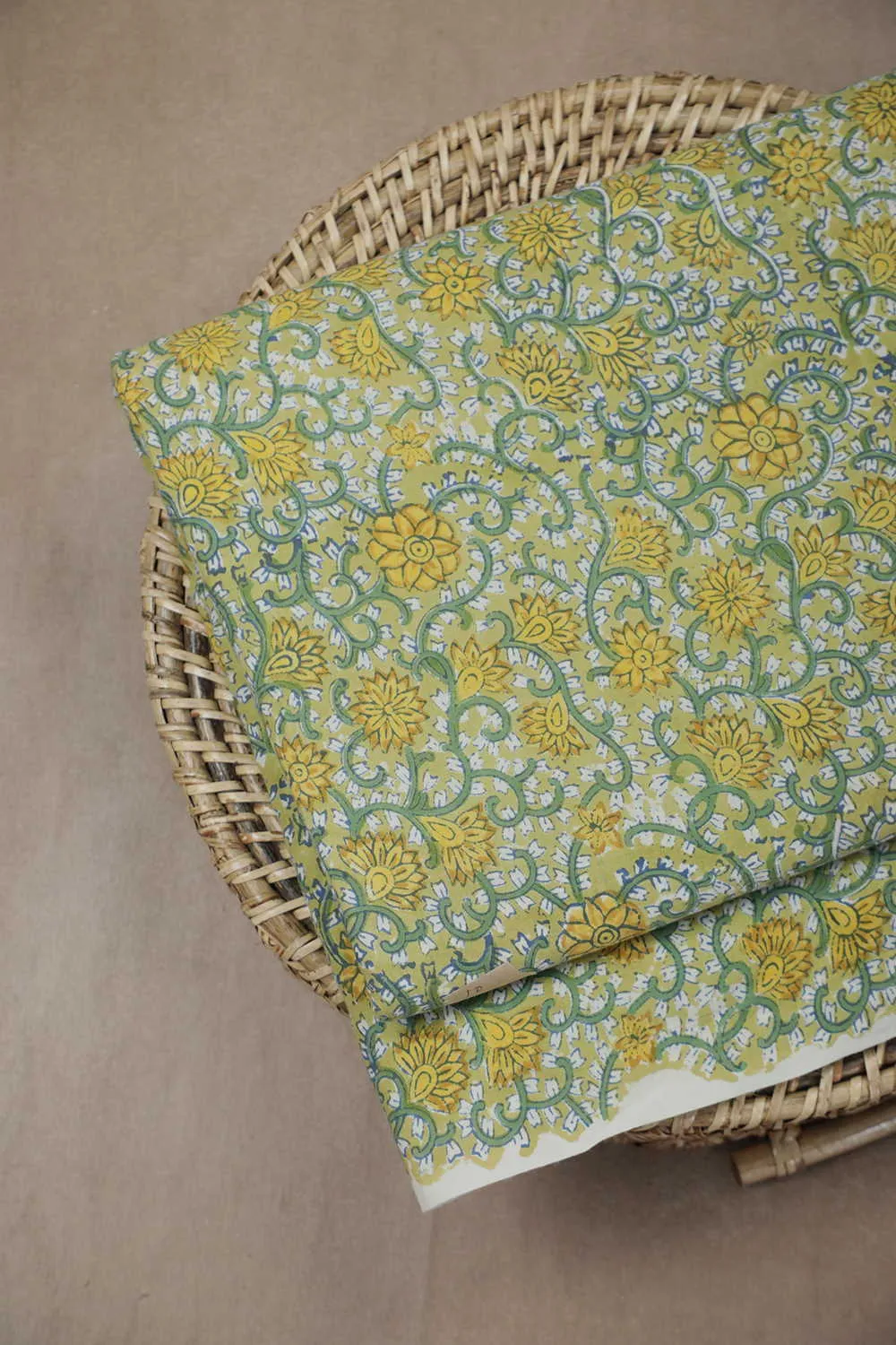 Green with Yellow Floral Sanganeri Cotton Fabric