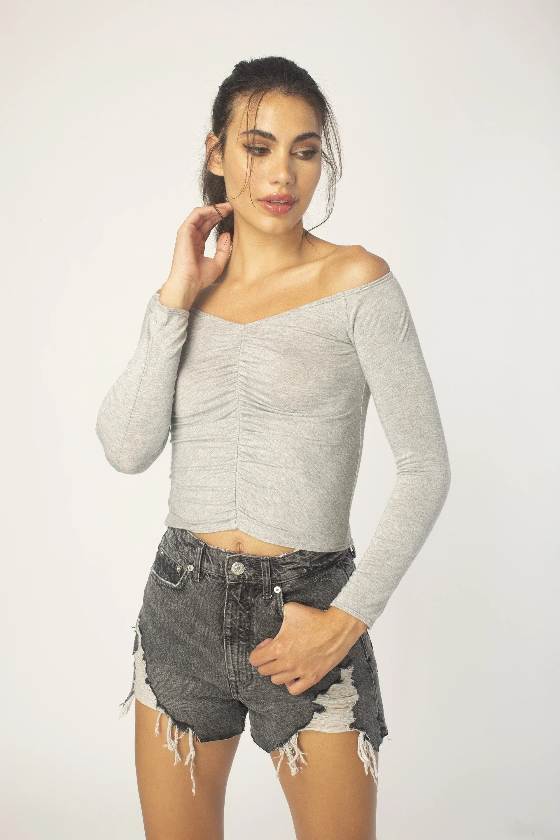 Heather Grey Off-Shoulder Ruched Top