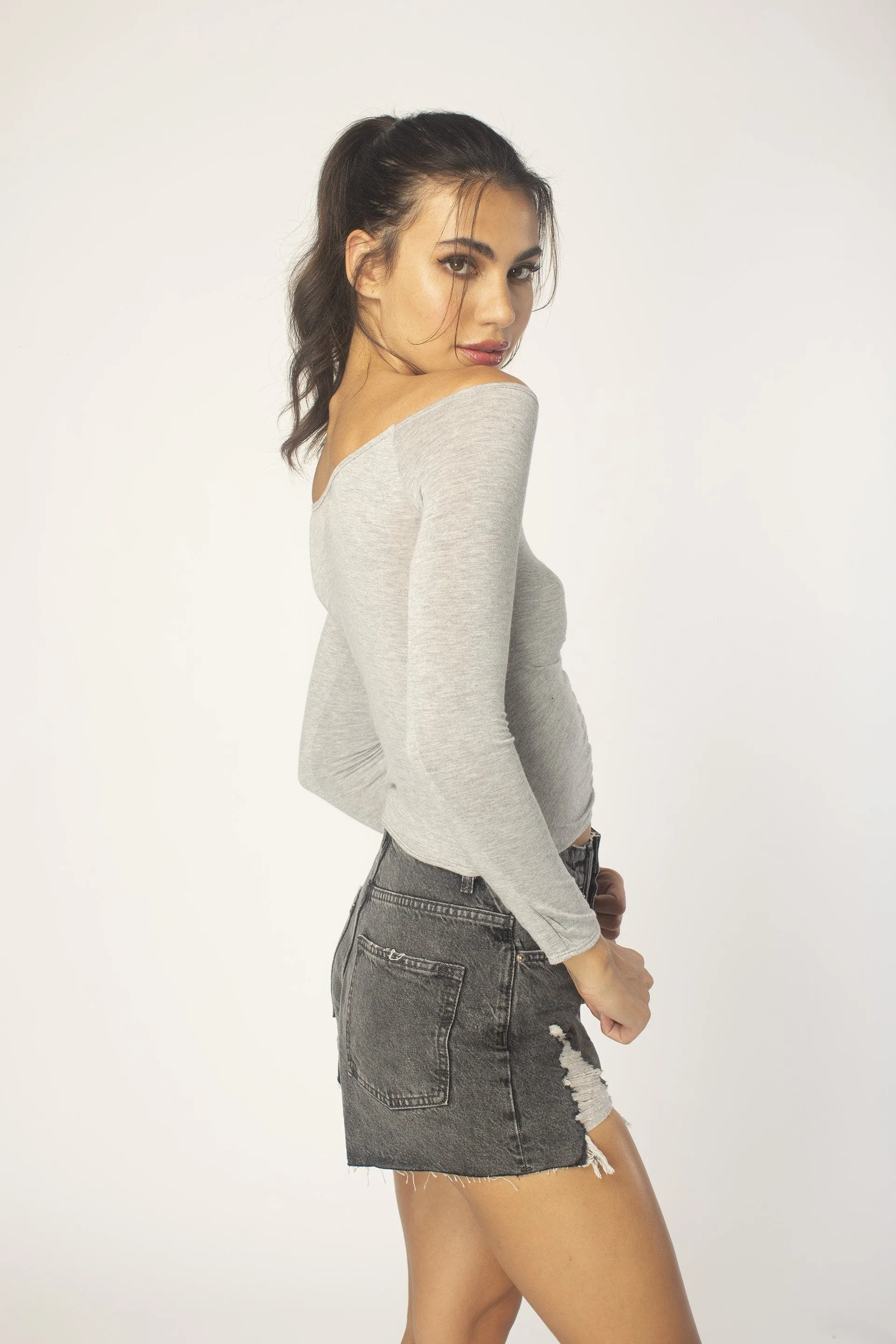Heather Grey Off-Shoulder Ruched Top