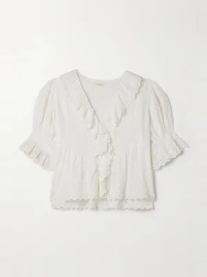 Henri ruffled pintucked broderie anglaise cotton top