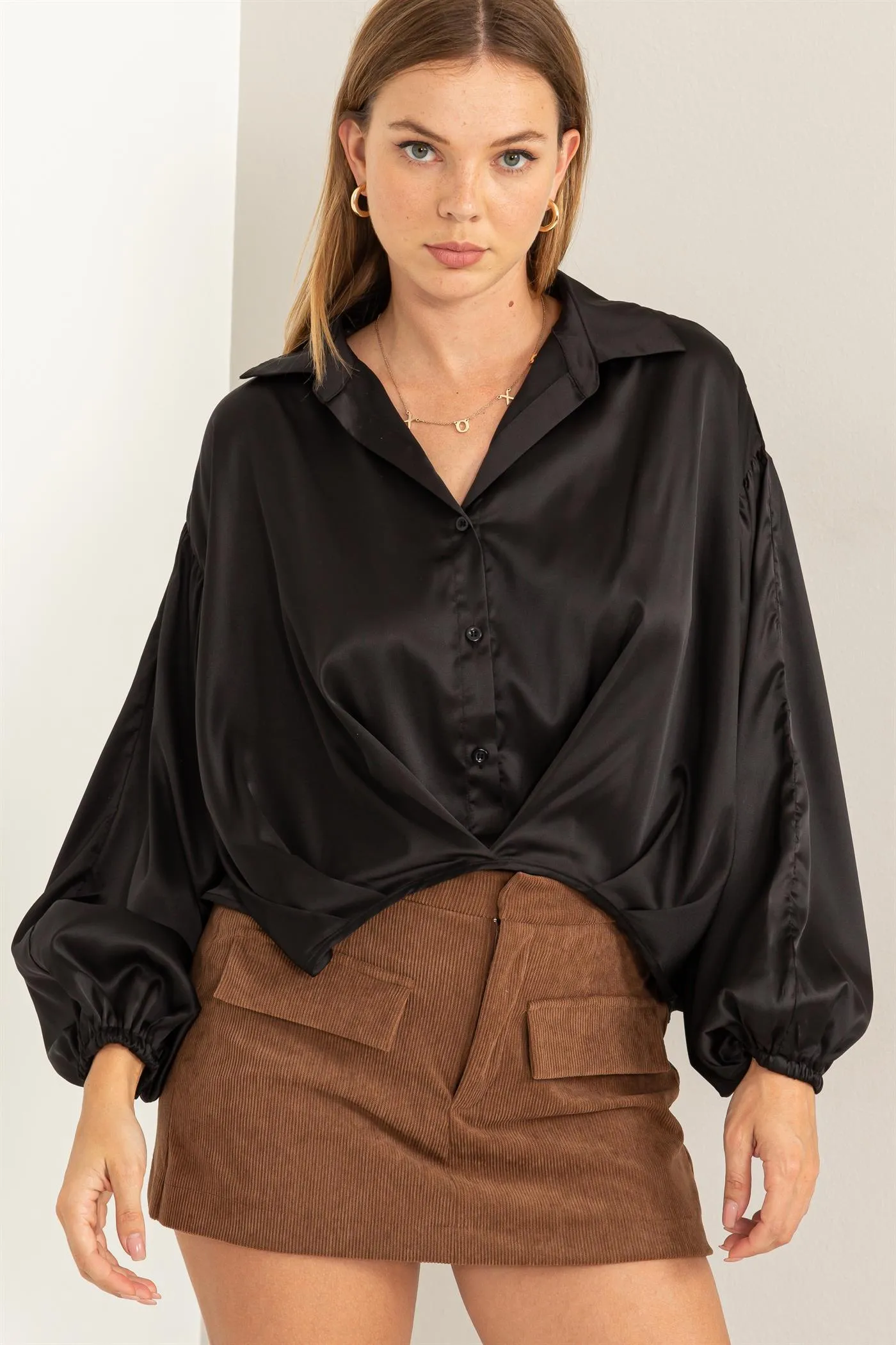 HF24A204-OVERSIZED BUTTON-DOWN PLEATED SHIRT