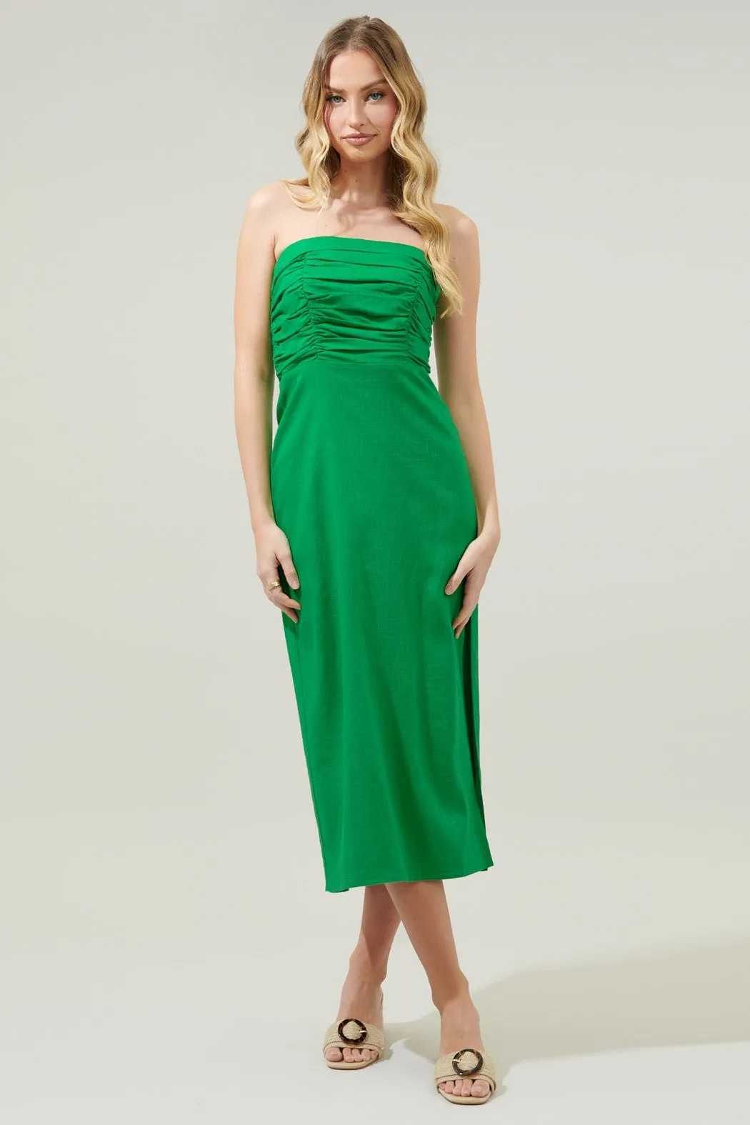 Kelly-Green Morro Bay Strapless Ruched Midi Dress