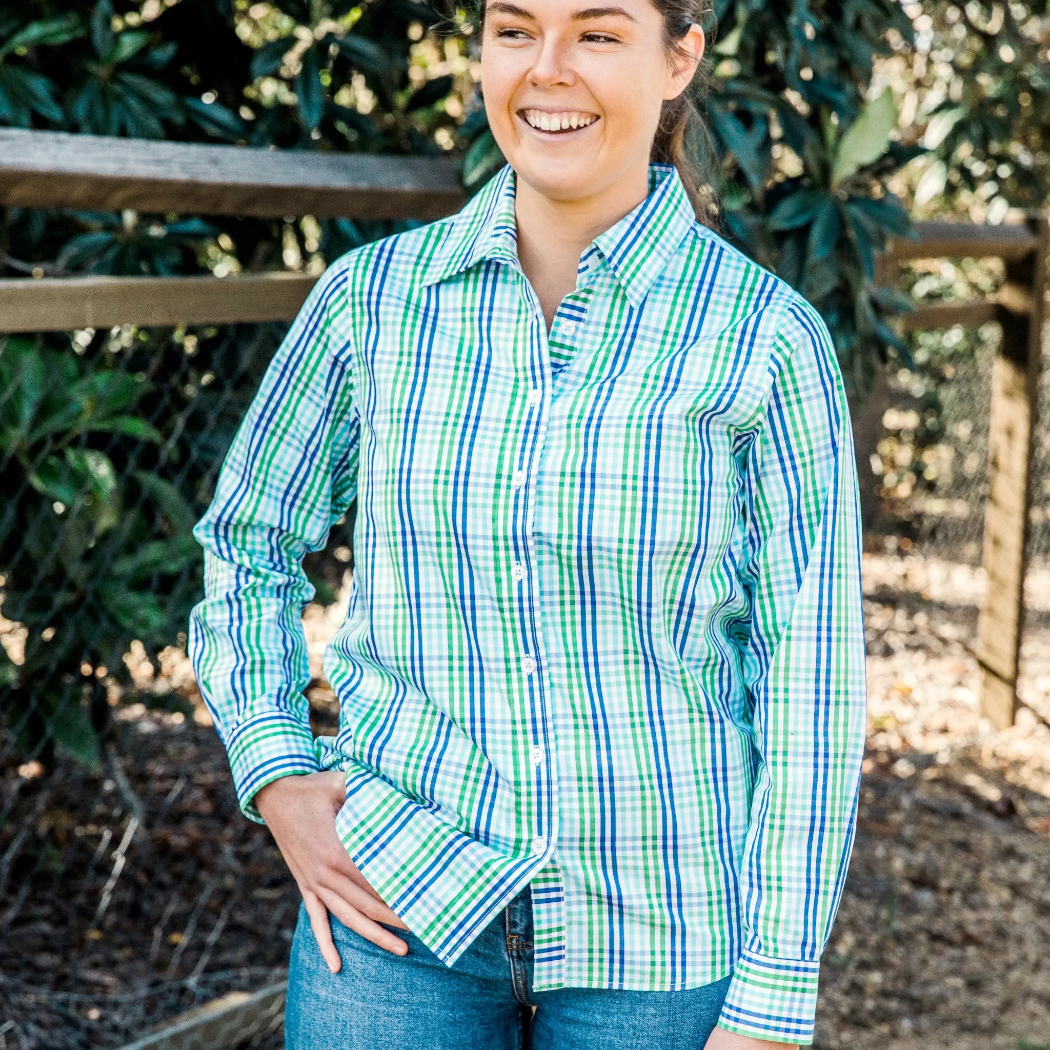 Ladies Coco A-Aqua/Green Check Relaxed Fit Shirt