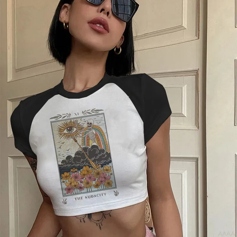 Lady Fashion Women Short Sleeve Summer Harajuku Crop Top Tshirt Female Tarot Print Casual Aesthetic Tee for Effortless Style