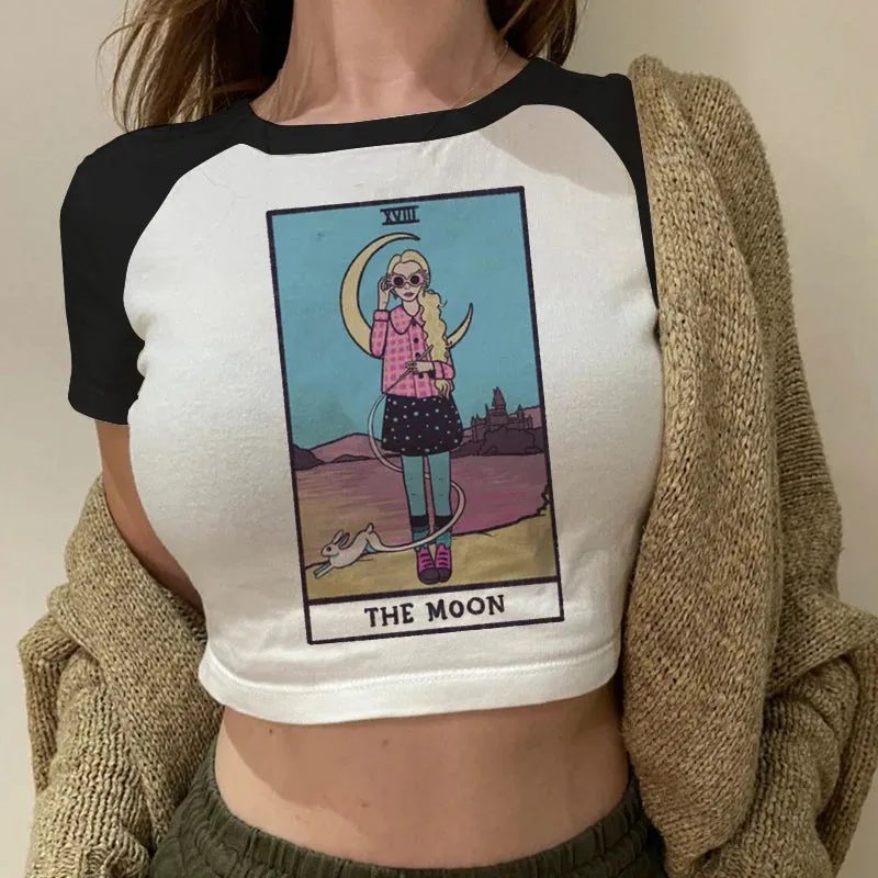 Lady Fashion Women Short Sleeve Summer Harajuku Crop Top Tshirt Female Tarot Print Casual Aesthetic Tee for Effortless Style