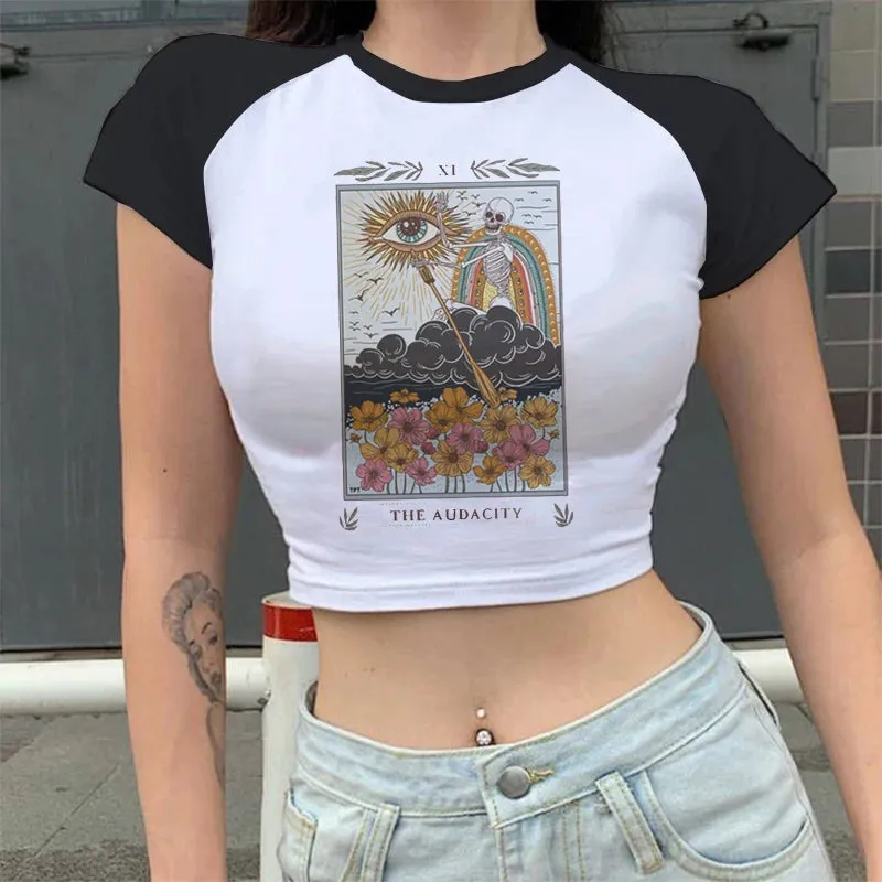 Lady Fashion Women Short Sleeve Summer Harajuku Crop Top Tshirt Female Tarot Print Casual Aesthetic Tee for Effortless Style