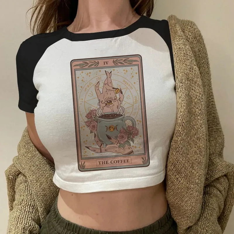 Lady Fashion Women Short Sleeve Summer Harajuku Crop Top Tshirt Female Tarot Print Casual Aesthetic Tee for Effortless Style