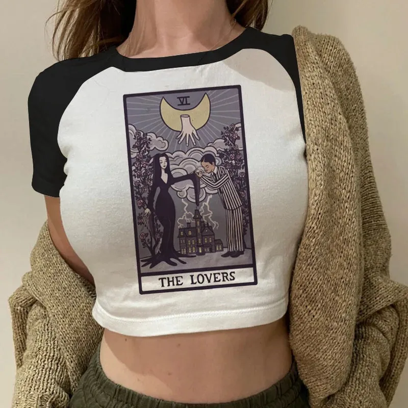 Lady Fashion Women Short Sleeve Summer Harajuku Crop Top Tshirt Female Tarot Print Casual Aesthetic Tee for Effortless Style