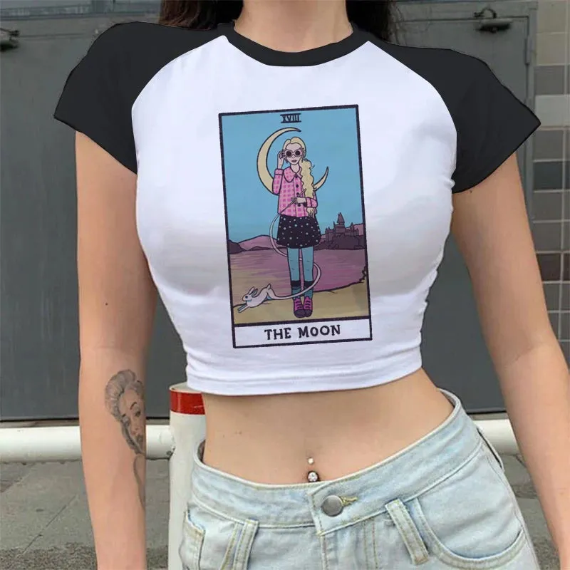 Lady Fashion Women Short Sleeve Summer Harajuku Crop Top Tshirt Female Tarot Print Casual Aesthetic Tee for Effortless Style