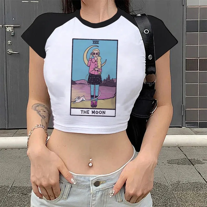 Lady Fashion Women Short Sleeve Summer Harajuku Crop Top Tshirt Female Tarot Print Casual Aesthetic Tee for Effortless Style
