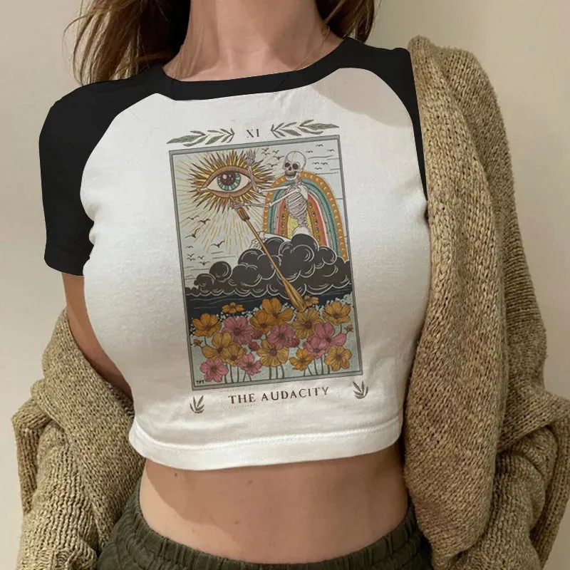 Lady Fashion Women Short Sleeve Summer Harajuku Crop Top Tshirt Female Tarot Print Casual Aesthetic Tee for Effortless Style