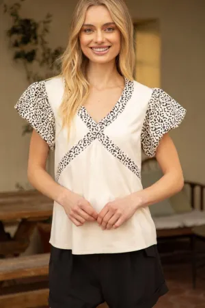Leopard Bubble Sleeve Neck Band Detailed Suede Top