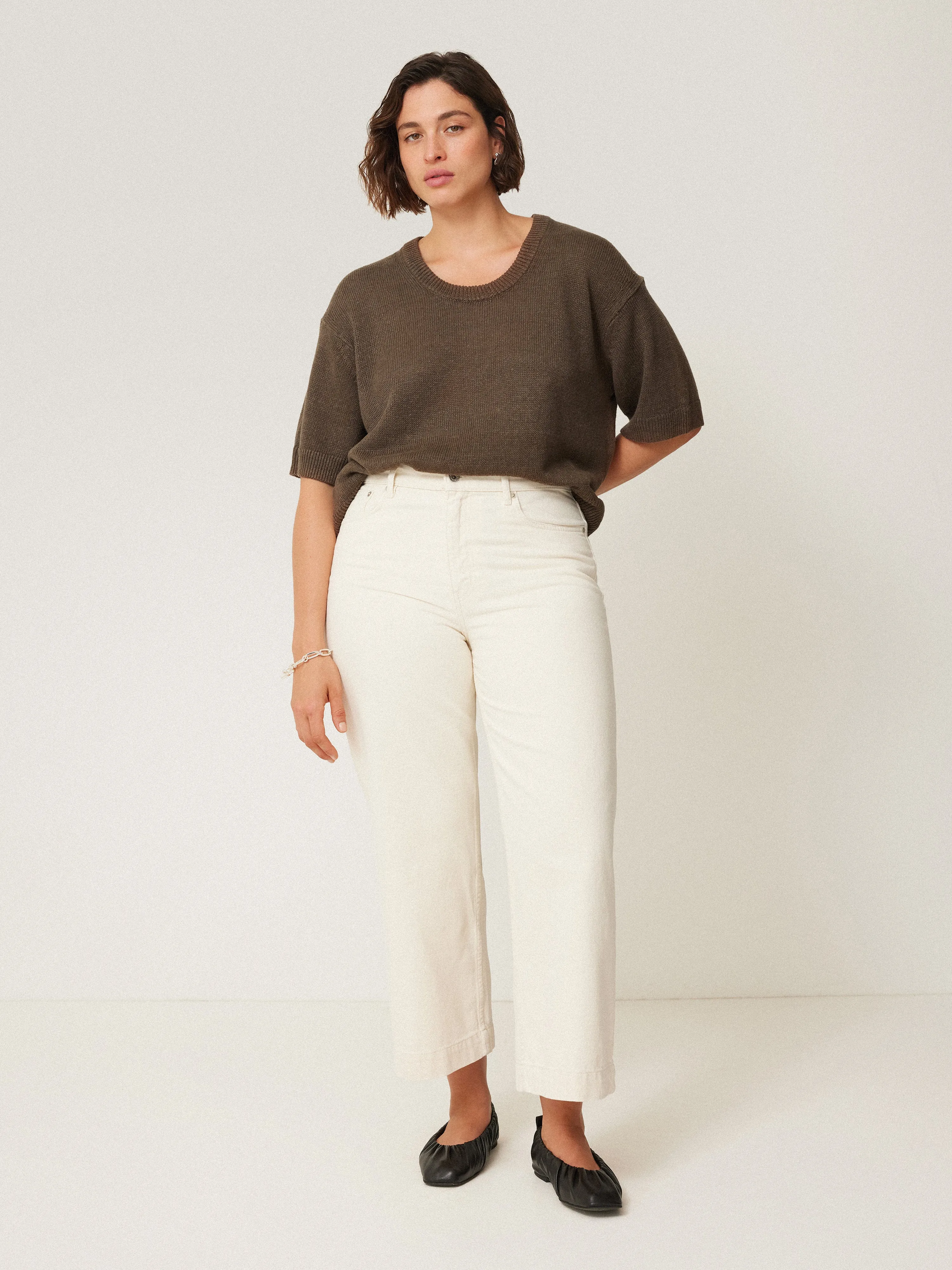 Linen Scoop Neck Knitted T-Shirt | Brown