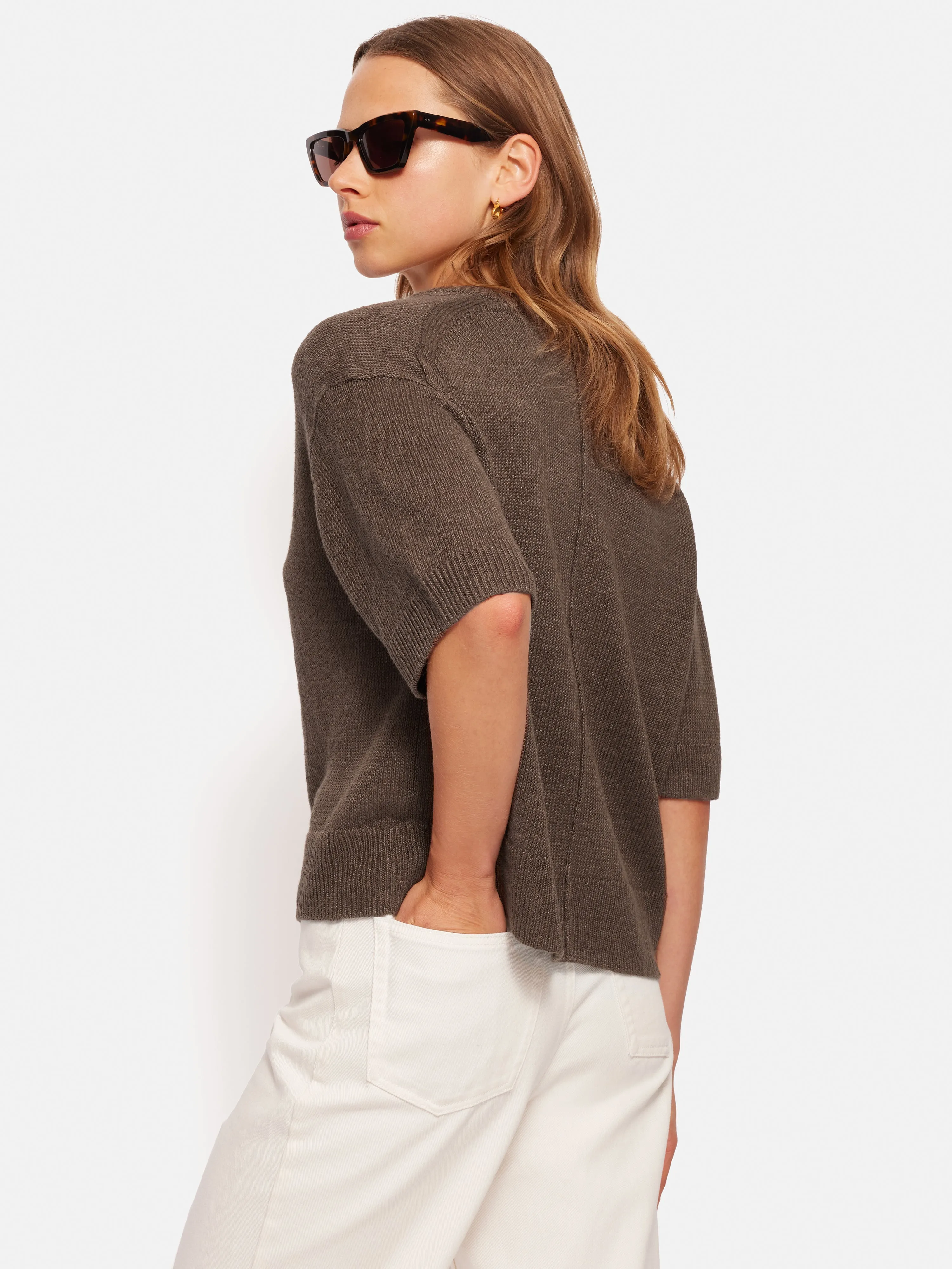 Linen Scoop Neck Knitted T-Shirt | Brown
