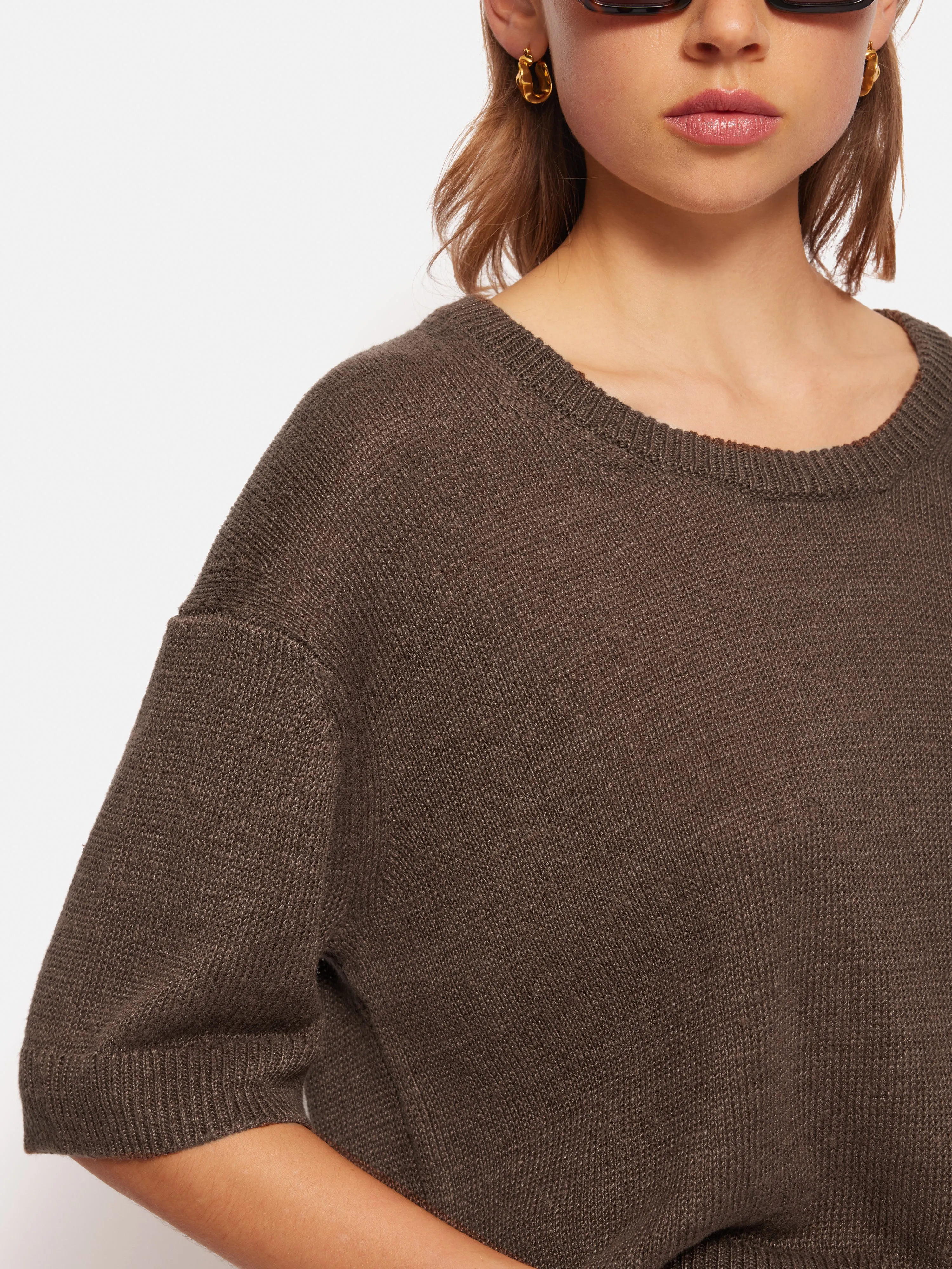 Linen Scoop Neck Knitted T-Shirt | Brown