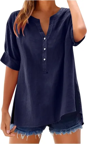 Linen Tops for Women 2025 Summer Button Down V Neck Shirts Casual Short Sleeve Loose Tshirt Cotton Linen Blouse Tees