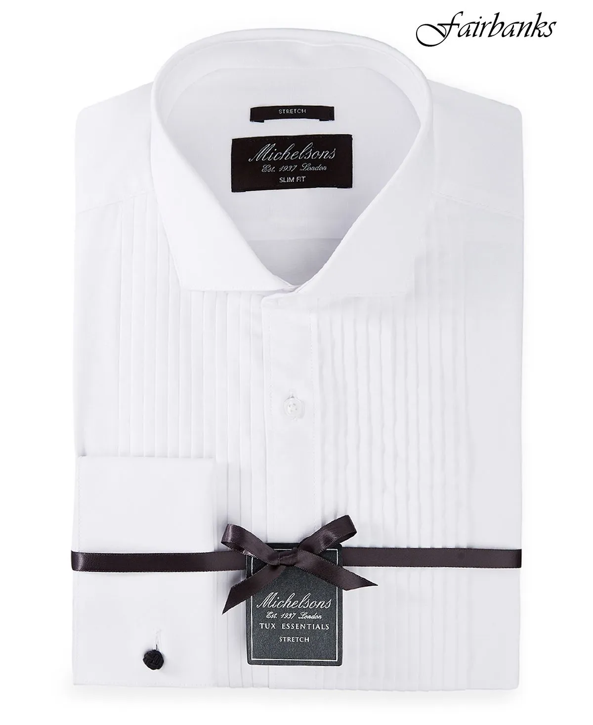 London Men's Slim-fit Stretch Pleated Bib Men's Tuxedo Shirt with Michelsons French Cuffs ,  white