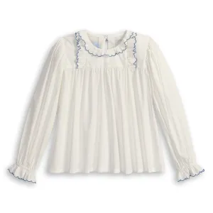 Lucille Ruffled Blouse -- Ivory w/ Periwinkle