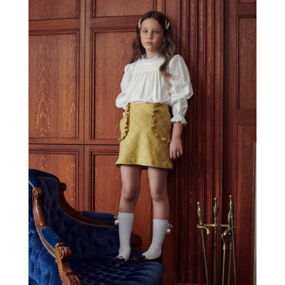 Lucille Ruffled Blouse -- Ivory w/ Periwinkle