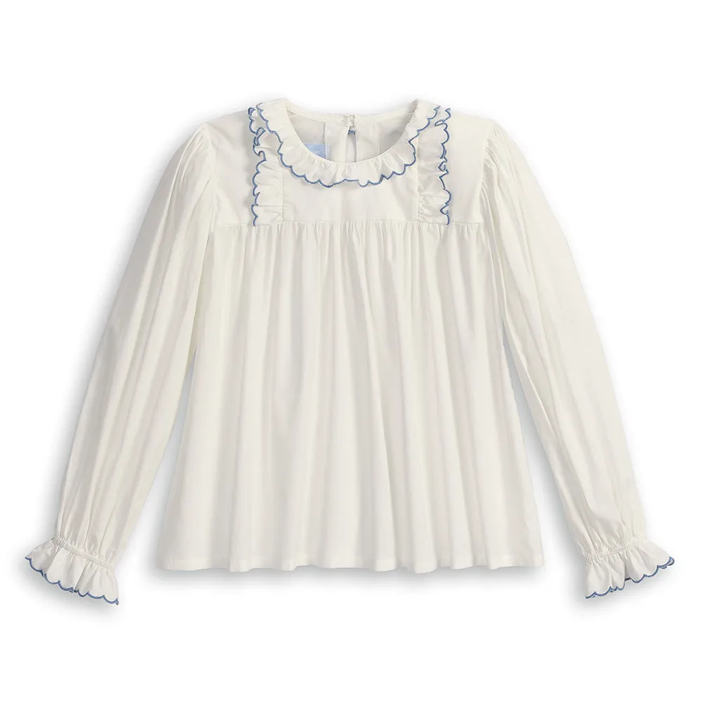 Lucille Ruffled Blouse -- Ivory w/ Periwinkle