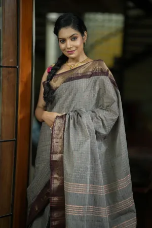 Madurai Cotton Saree in Browinish Gray  with Zari Checks