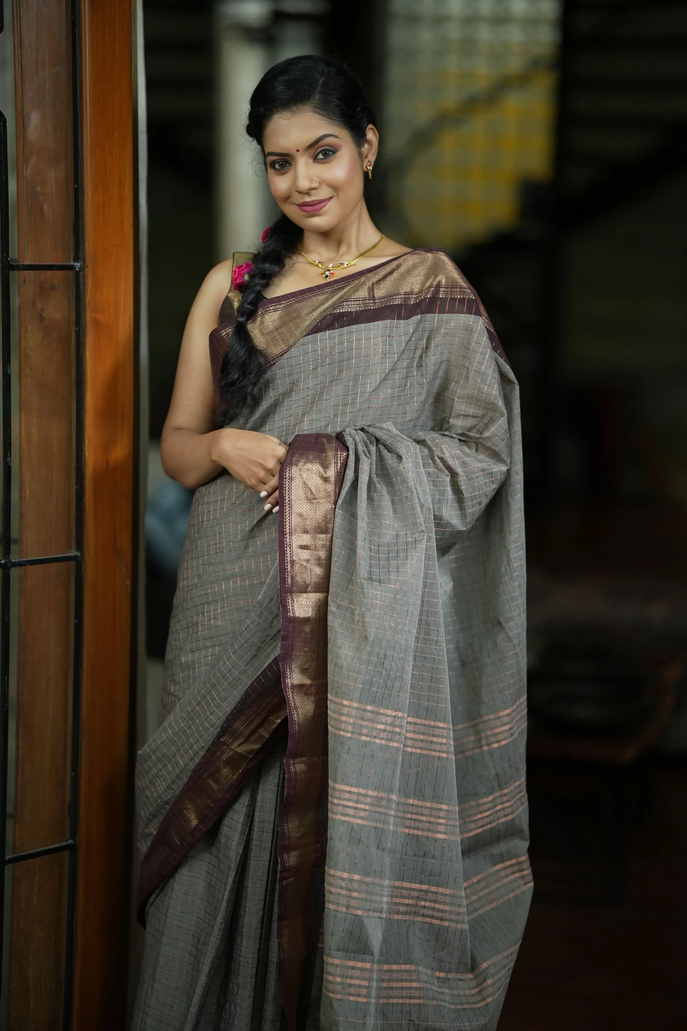 Madurai Cotton Saree in Browinish Gray  with Zari Checks