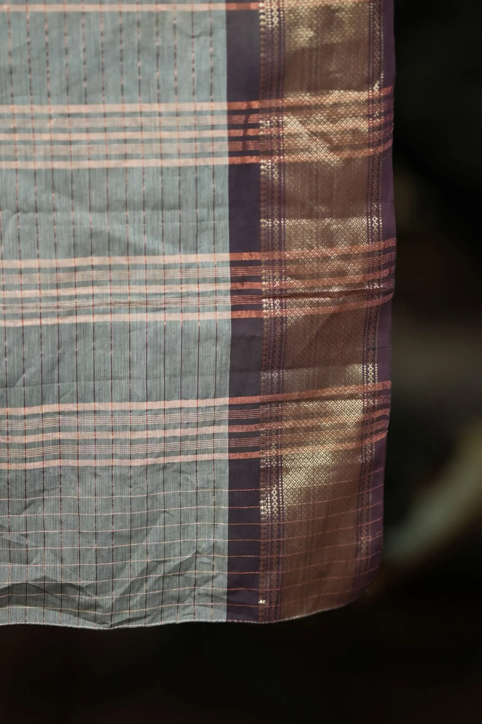 Madurai Cotton Saree in Browinish Gray  with Zari Checks