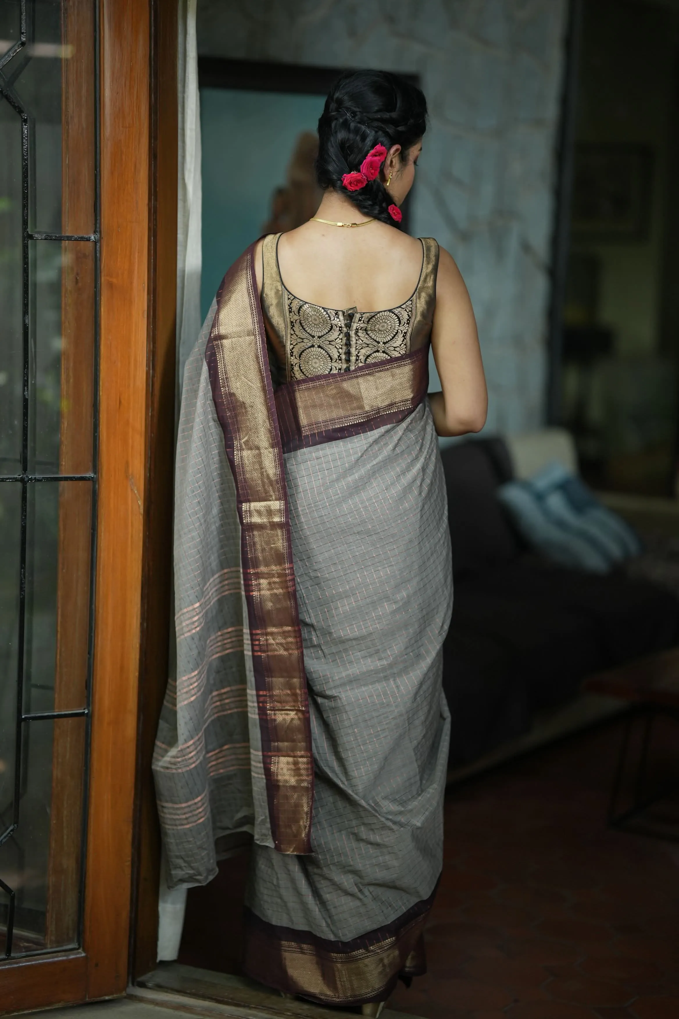 Madurai Cotton Saree in Browinish Gray  with Zari Checks