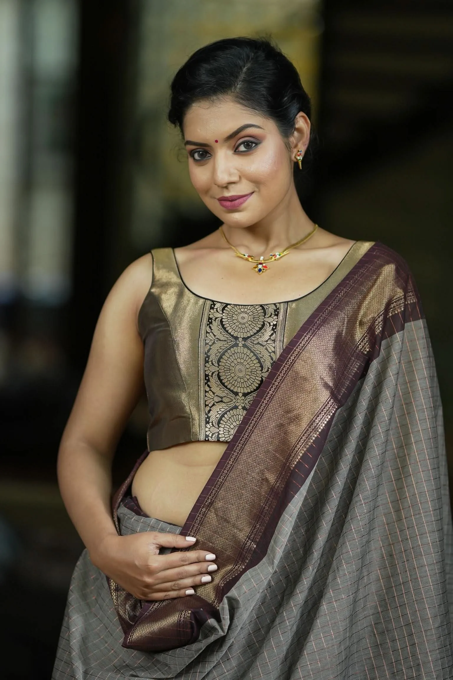 Madurai Cotton Saree in Browinish Gray  with Zari Checks
