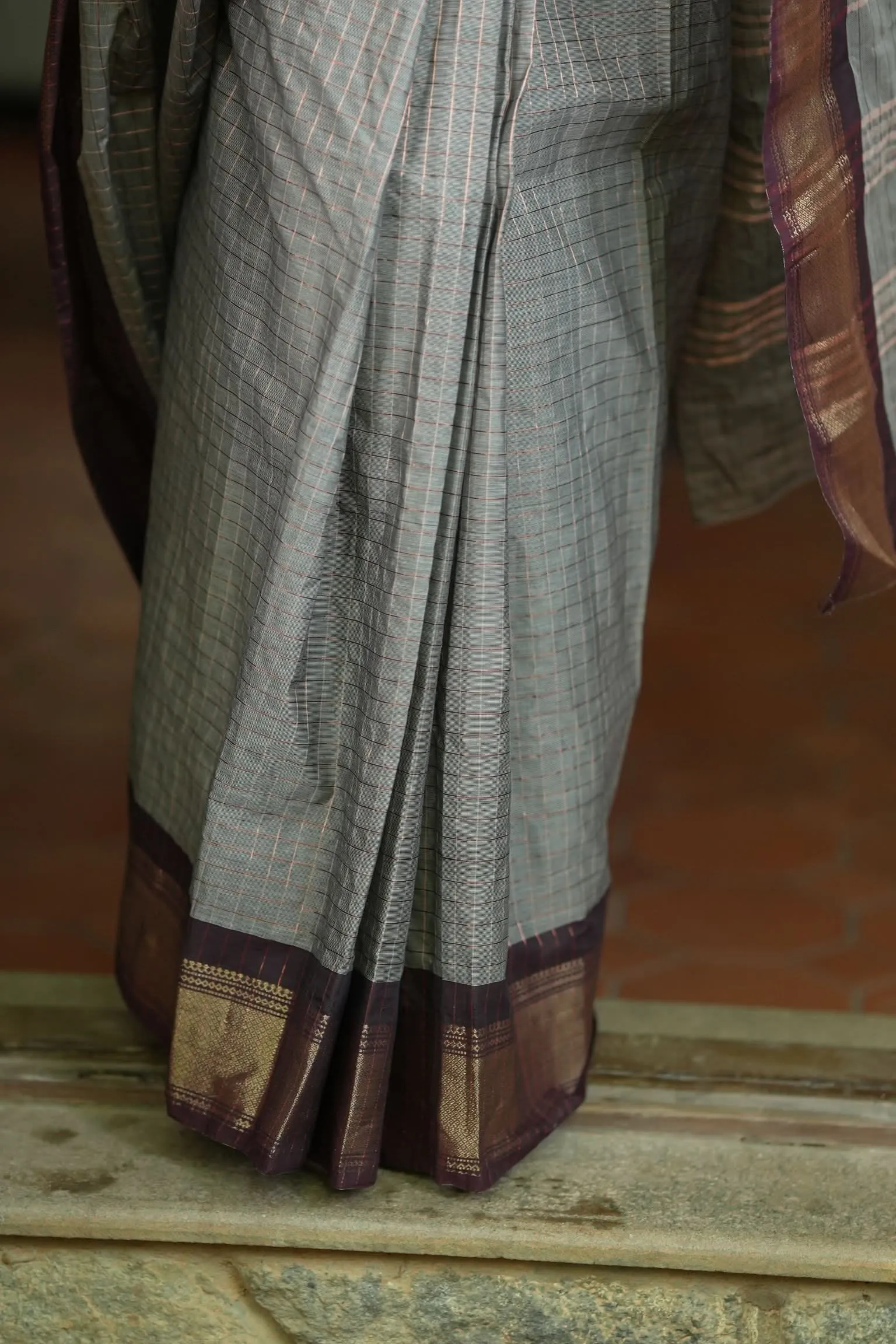 Madurai Cotton Saree in Browinish Gray  with Zari Checks