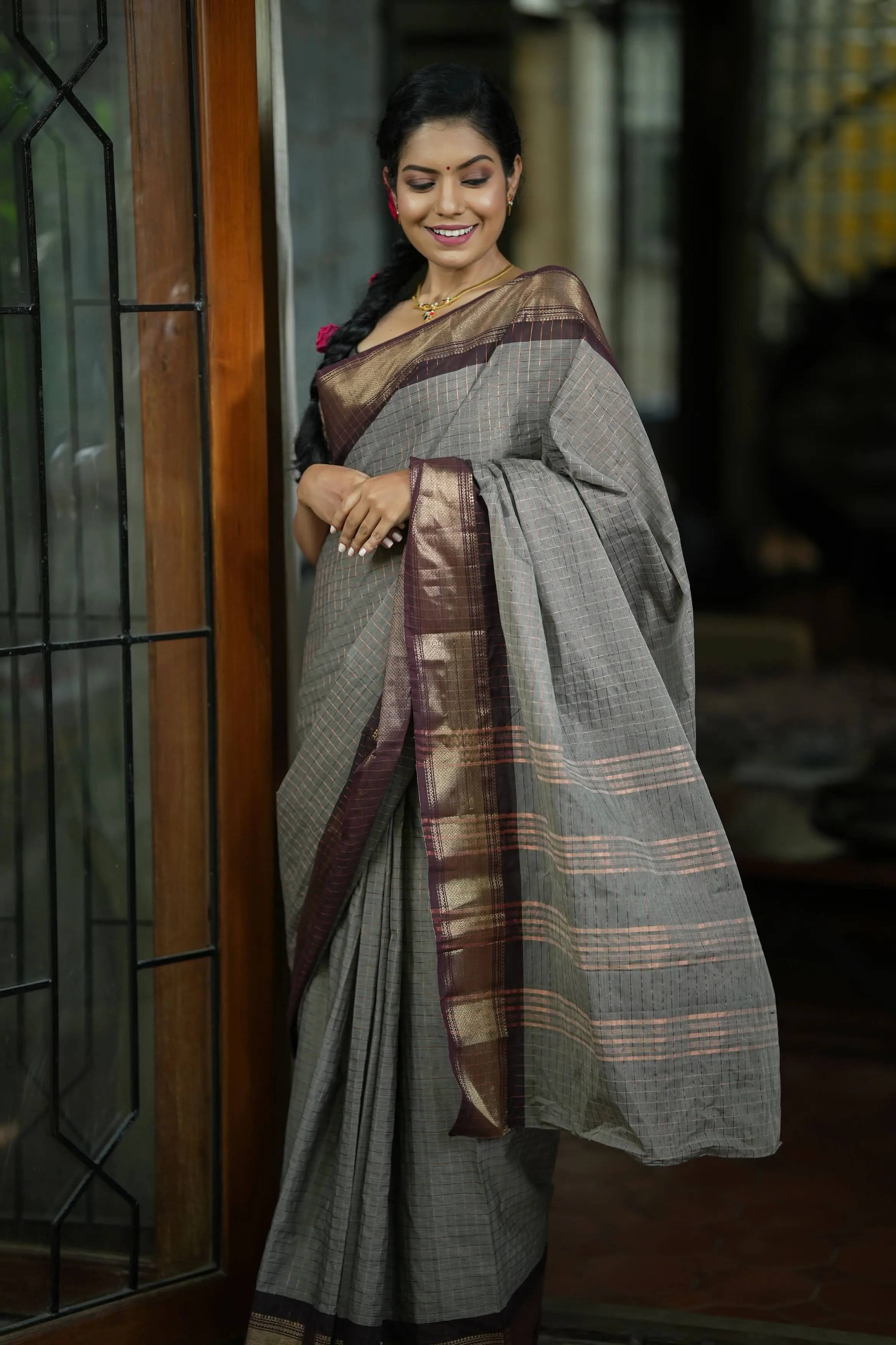 Madurai Cotton Saree in Browinish Gray  with Zari Checks