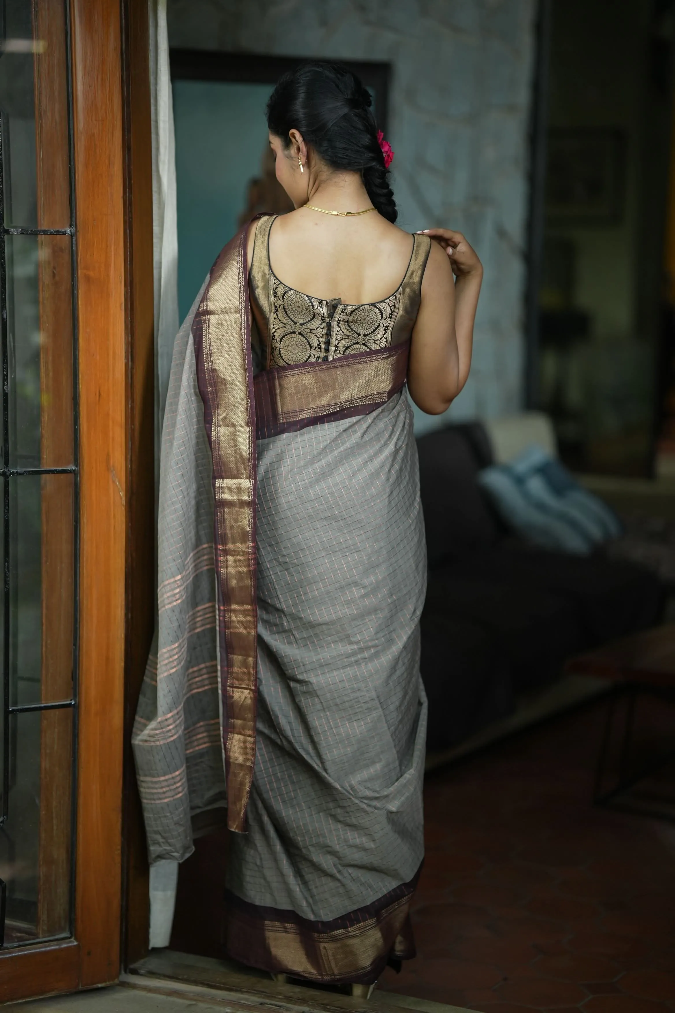 Madurai Cotton Saree in Browinish Gray  with Zari Checks