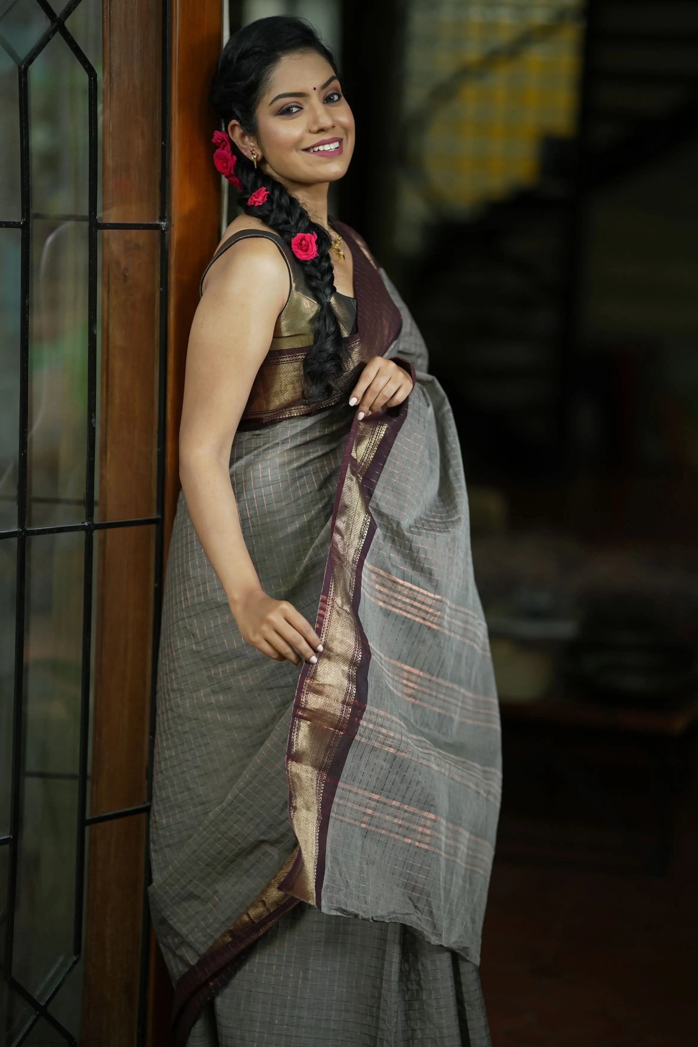 Madurai Cotton Saree in Browinish Gray  with Zari Checks