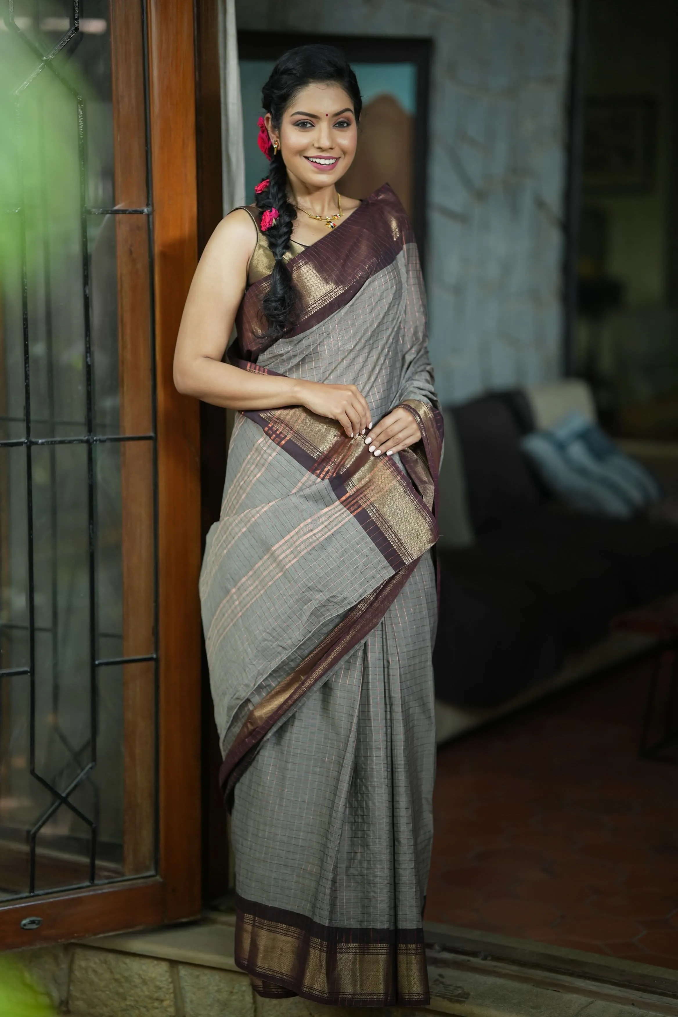 Madurai Cotton Saree in Browinish Gray  with Zari Checks