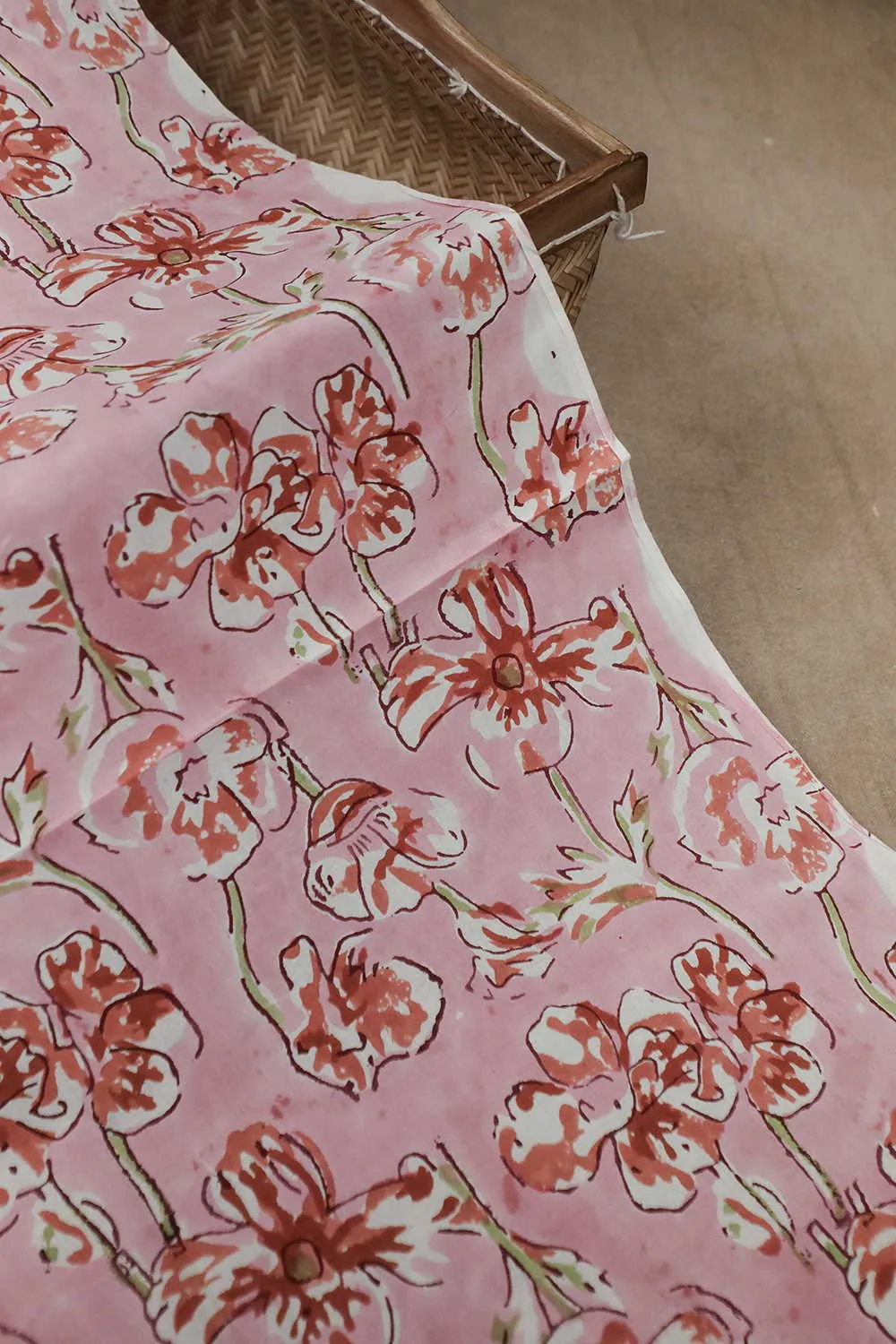 Maroon Floral on Pink Sanganeri Cotton Fabric