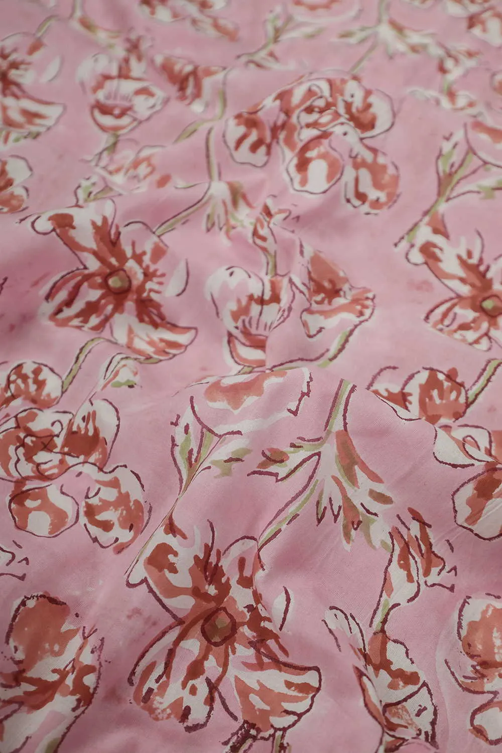 Maroon Floral on Pink Sanganeri Cotton Fabric